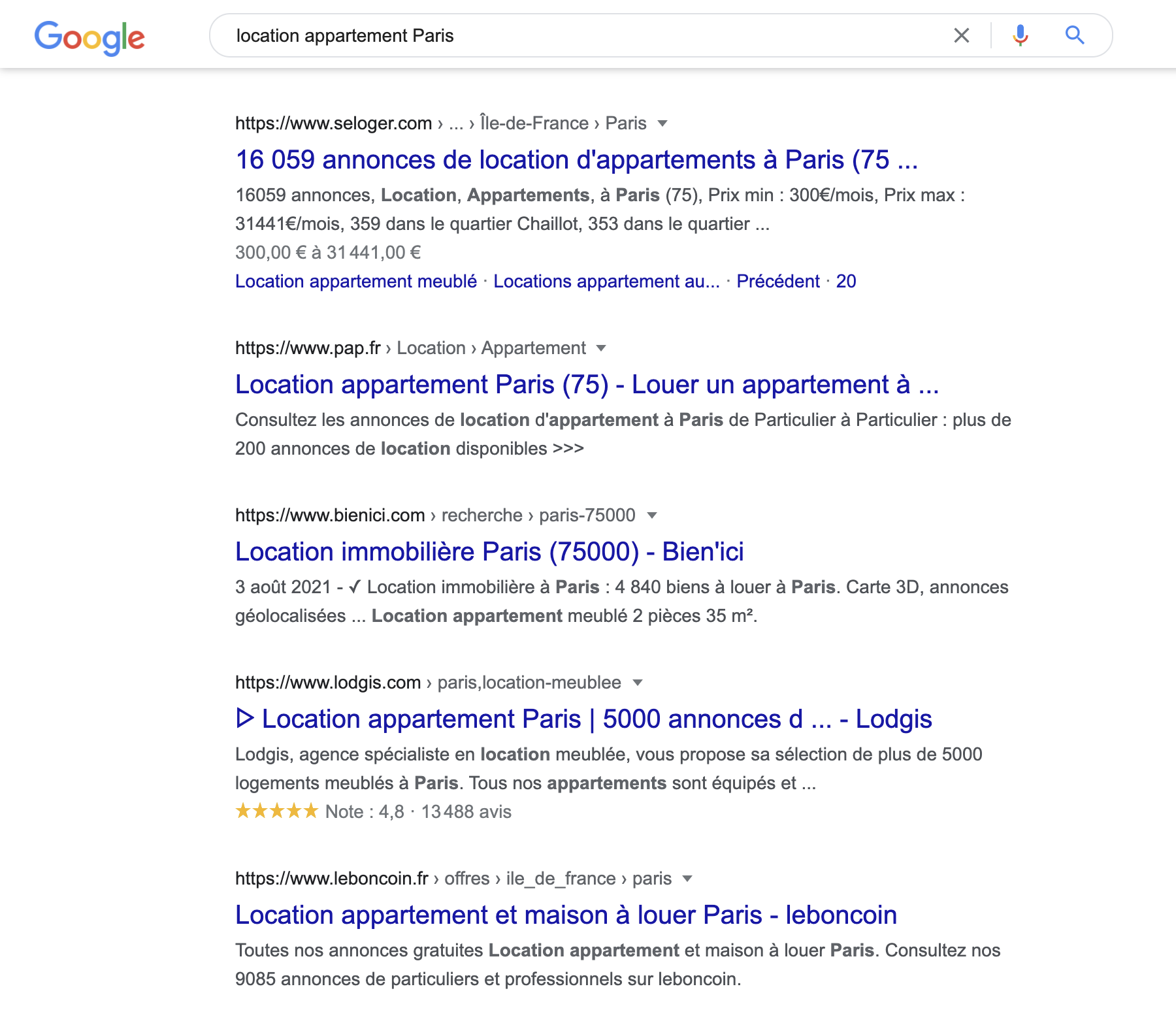 Internet search furnished rental Paris