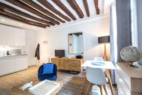 mobilier meubler appartement Paris bois matière bleu