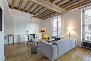 furnished apartment with exposed wooden beams parquet flooring Paris