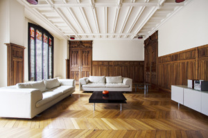 Paris furnished apartment like a château french ceiling wood panelling fireplace