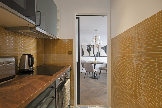 The kitchen near the living room of the furnished apartment