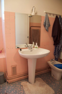 The old bathroom with pink tiles